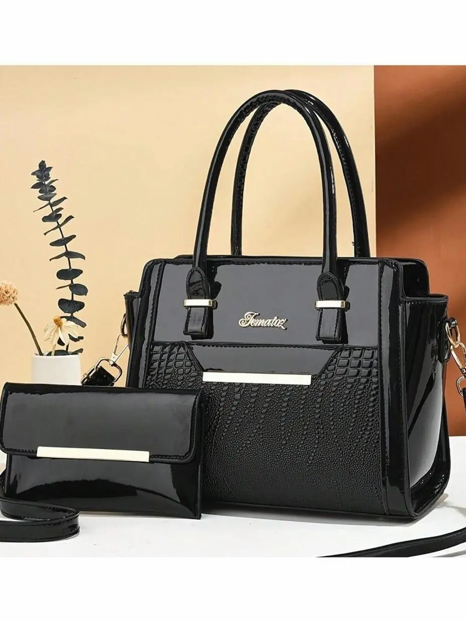Luxurious 2-Piece Black Patent Leather Purse Set | Croc-Embossed Structured Satchel Bag & Matching Clutch Wallet