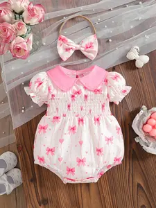 Newborn Baby Girls Summer Baby Clothing Baby Clothes Girl Cute Bow Full Print Doll Collar Bubble Sleeve Romper and Headband Set