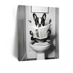 1 Piece Whimsical Boston Terrier Reading Newspaper Framed Canvas Print - High Resolution, Vintage Style for Living Room, Bedroom, Home Office Wall Art - Unique Gift for Pet Lovers, Valentine's Day and Easter