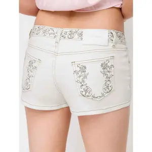 Cider Washed Stretch Denim Low Rise Embroidery Detail Shorts