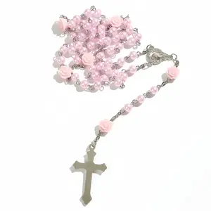 Handmade Glass Pearl Rose Beads Rosary with Silver Jesus Christ Crucifix Pendant