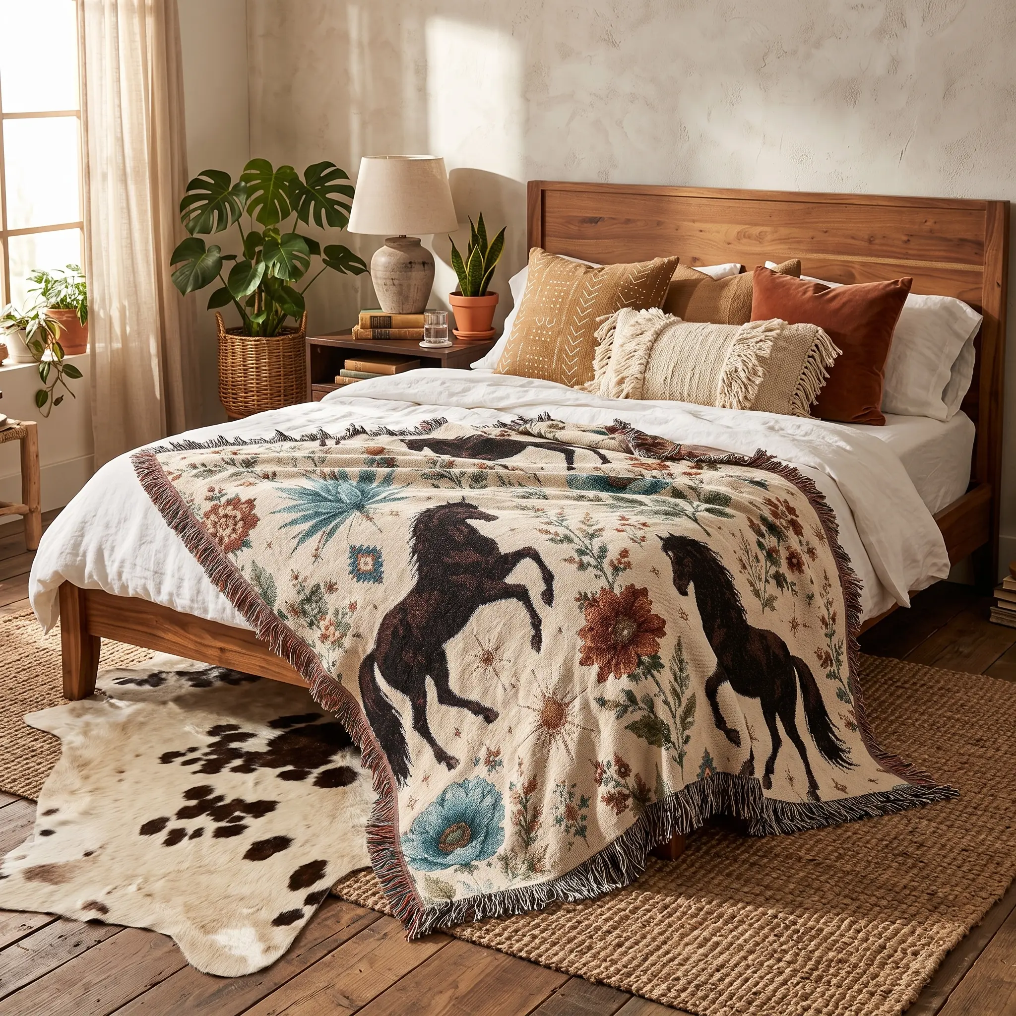 Western Horse Woven Blanket Fringe Tapestry Throw | Aesthetic Southwestern Boho Room Decor & Cozy Couch Blanket