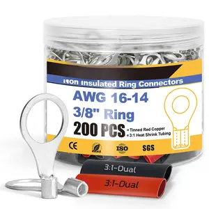Non Insulated Wire Connectors Kit,100pcs 3/8" Ring Terminals (AWG 16-14) with 100 count 3:1 Heat Shrink Tubing for Automotive Marine,Brazed Seam Wire Crimp terminals
