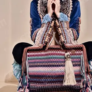 Luxe Beach Bag Multicolored Macramé Handmade 100% Cotton Yarn with 36 Wooden Beads & 26cm Jewelry Keyring Perfect for Summer Use