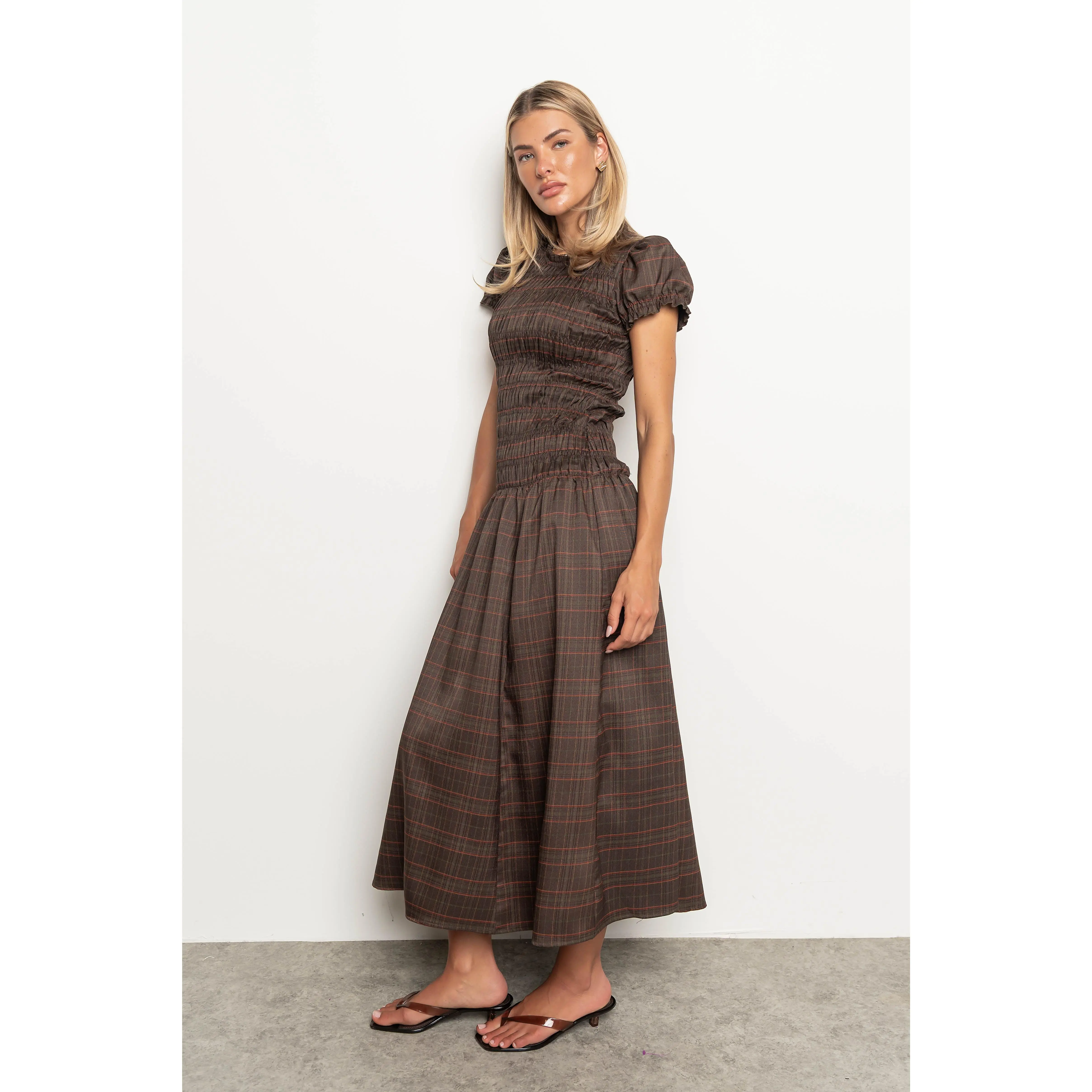 Opal Gingham Maxi Dress in Dark Brown | Women's Long Length Cotton Blend Gown with a Smocked Bodice and Ruffle Neck, Zipper, Gingham Print, Checkered, Cold Wash, Elastic, Casual Wear