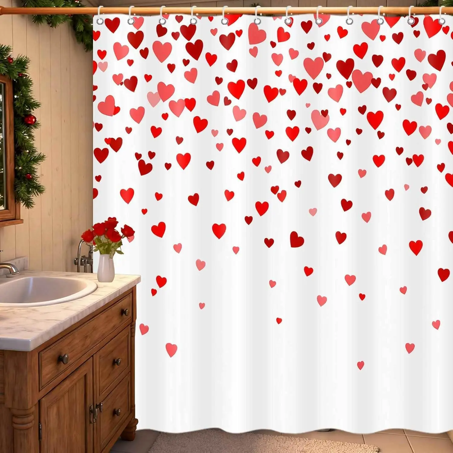 72x72 Inch Valentine's Day Fabric Shower Curtain with Shower Curtain Rod, Falling Red Hearts Waterproof Machine-Washable Cute Bathroom Home Decor
