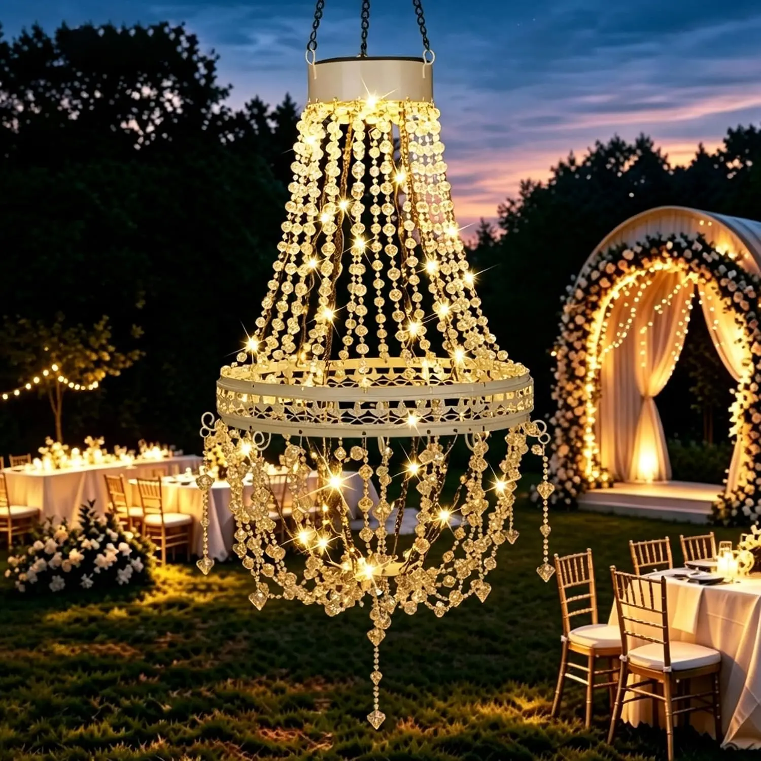 Solar Crystal Hanging Chandelier Outdoor Decorative Garden Light Acrylic Crystals with Warm LEDs for Gazebo, Wedding, Party, Tree Perfect Gift for Mom