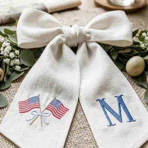 Embroidered Personalized USA Flag Wreath Sash, Custom Monogram Seersucker Door Decor, Summer Toile Front Door Bow, Holiday Decor wreath sash, monogram door decor
