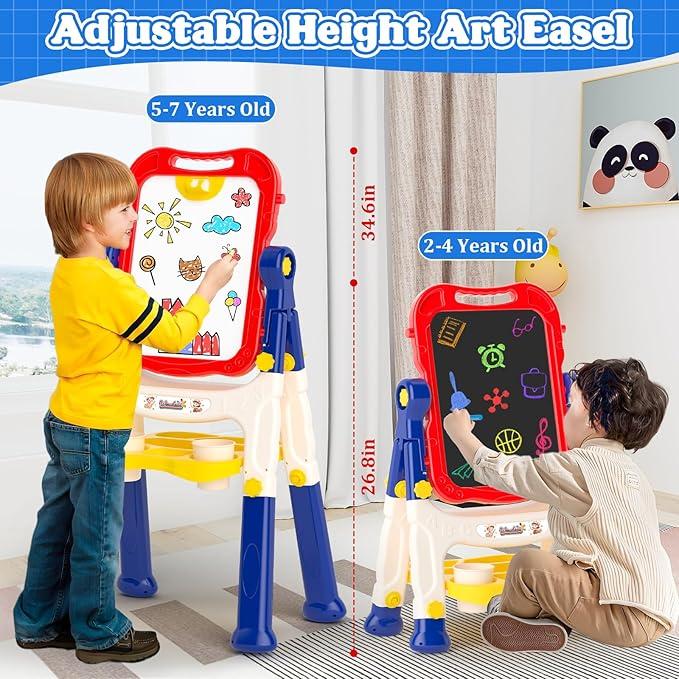 【Kids Gifts】Art Easel for Kids,Adjustable Wooden Kids Art Easel with Paper Roll,Double-Sided Magnetic Toddler Easels,Dry Erase Whiteboard and Chalk Board,Toys for 3 4 5 6 7 8 9 10 Year Old Girl Boy Gift