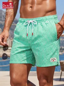 Men's Summer Quick-Dry Beach Shorts, Loose-Fitting Swim Trunks, Textured Bubble Mesh, Classic Stripes, Casual Party Style