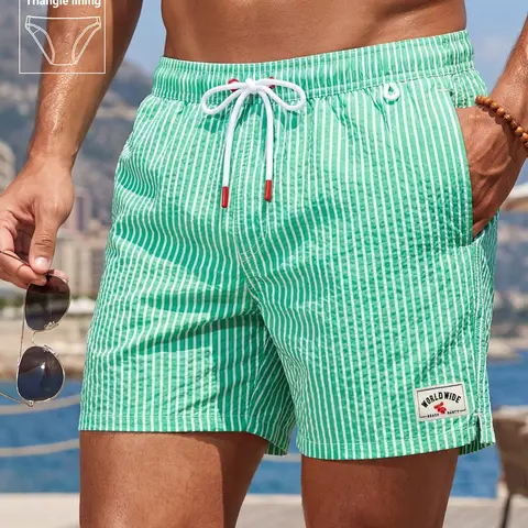 Men's Summer Quick-Dry Beach Shorts, Loose-Fitting Swim Trunks, Drawstring Swim Shorts, Textured Bubble Mesh, Classic Stripes, Casual Party Style, Swimwear Shorts, Swimming Shorts