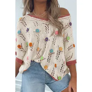 Delicacy Flowers Colorblock Edge Hollow Crochet Knit Top