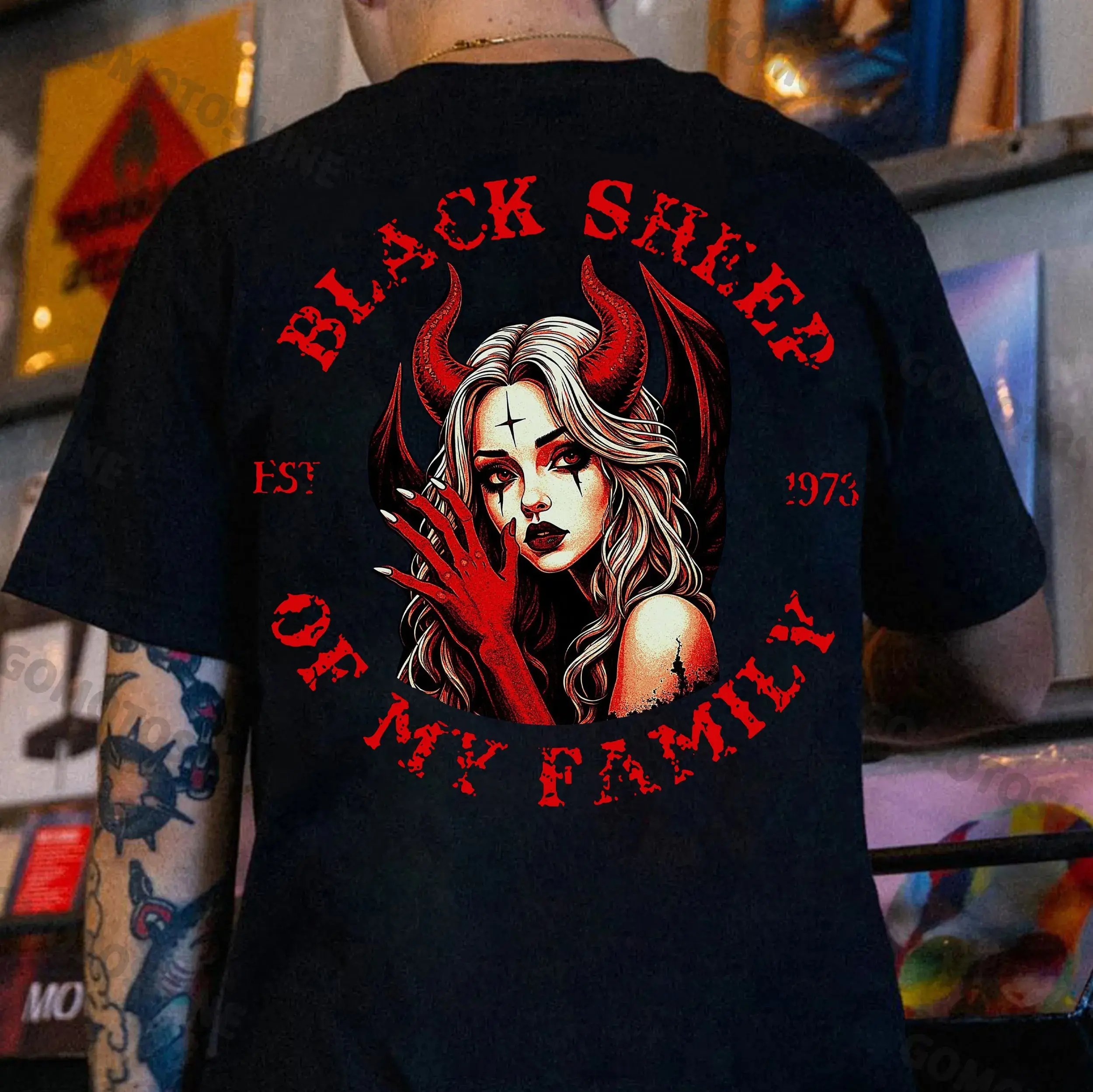 Gildan Men's Graphic T-Shirt - Devil Girl "Black Sheep" Print, 100% Heavy Cotton Streetwear Tops, Classic-Casual Fit, Short Sleeve, Round Neck, Contrast Lace, Bow Detail, Unisex Vintage Tshirt, Christmas/Children's Day Gift, All-Season Menswear