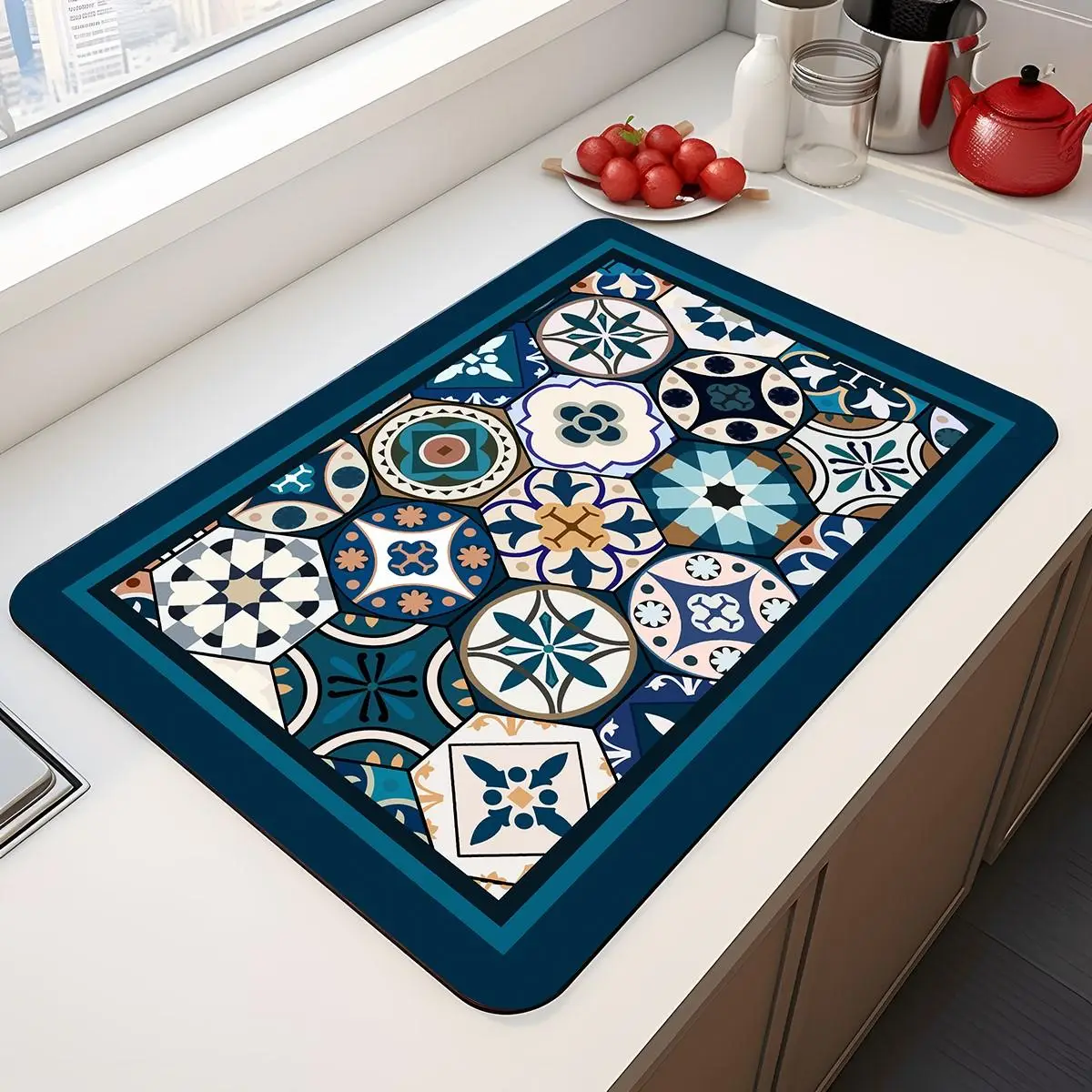 Retro Geometric Pattern Dish Drying Mat, 1 Count Kitchen Non-slip Rectangular Dish Drain Mat, Coffee Table Mat for Kitchen, Countertop Tableware Dryin