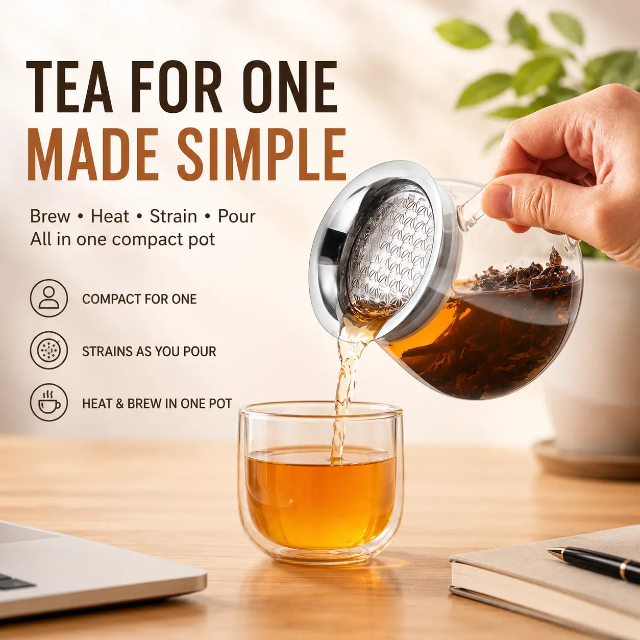Heat-Resistant Stovetop-Safe Glass Teapot with Built-In Strainer-Lidded Design, 0-500 ml Easy-Pour Anti-Scalding 0-Dregs Loose Leaf Personal Brewer for Office Desk Setup Minimalist Teaware sohochic