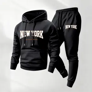 Men's 2-Piece New York Printed Polyester Soft Long-Sleeve Loose Hoodie & Drawstring Sweatpants Set, Casual Athletic Tracksuit for Fall, Winter Daily Wear