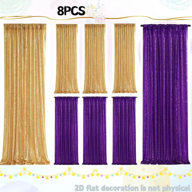 8 Pack Gold & Purple Sequin Backdrop Curtain 2ftx8ft Glitter Shimmer Photography Drapes for Baby Shower Graduation Party Supplies Lightweight Luxurious Sparkling Appeal Decoration Glow In The Dark