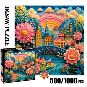 1pc 1000 piece adult puzzle 58x58cm Colorful Flowers, Buildings, Bridge and Rainbow Scene 500 pieces of paper puzzle, suitable for adults and families, large-scale DIY puzzle interactive toy games