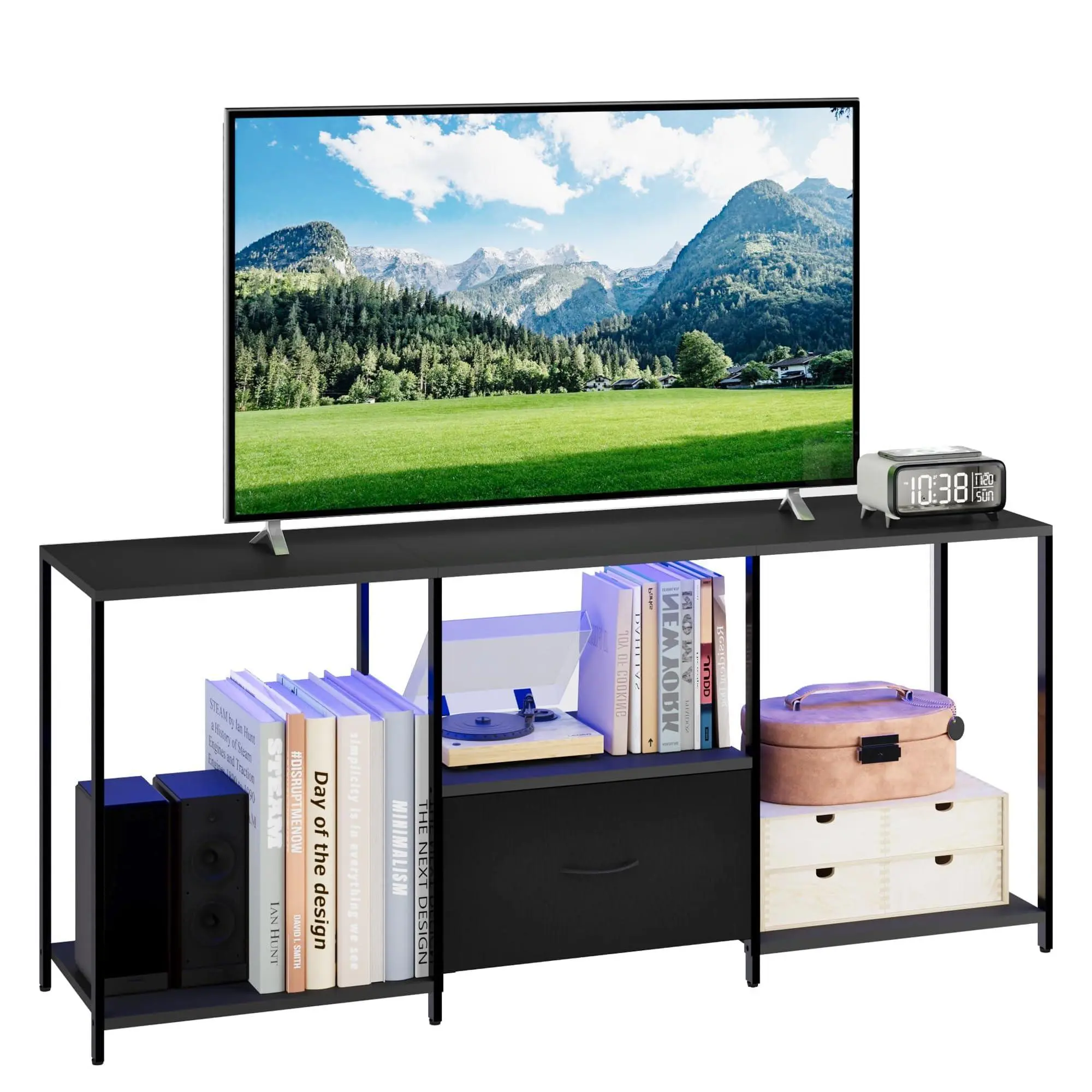 55-Inch Contemporary TV Stand - Living Room Entertainment Center with LED Light, Open Shelves, Fabric Drawer, Multimedia Console, Black Wide Rocker Chair, Quiet Operation Chicken Nesting Box, 4-Piece Patio Furniture Set
