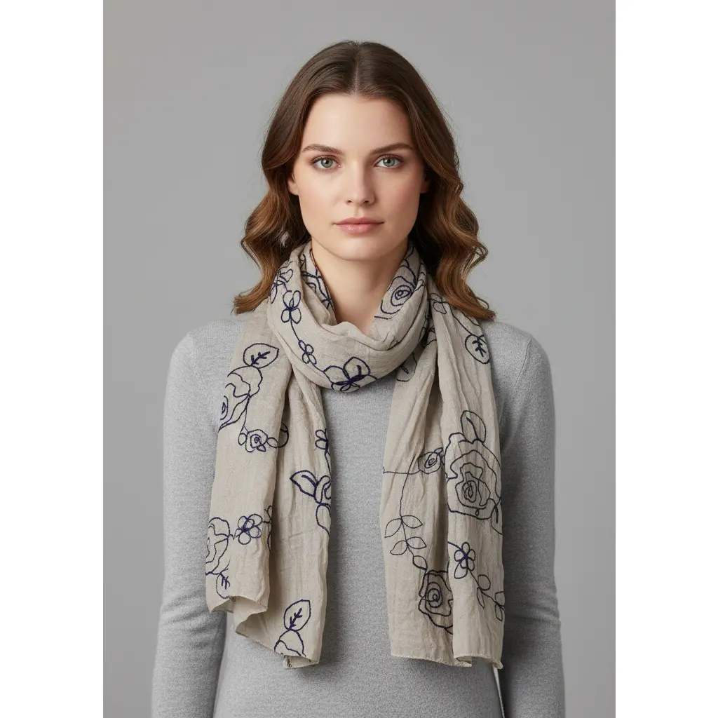 Intricate Floral Rose Embroidered Light Weight Summer Shawl Scarf Wrap Taupe Navy