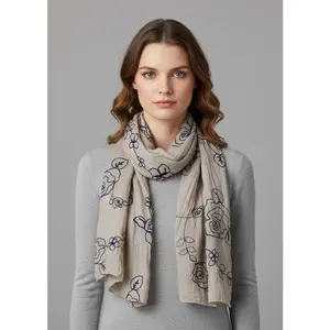 Intricate Floral Rose Embroidered Light Weight Summer Shawl Scarf Wrap Taupe Navy