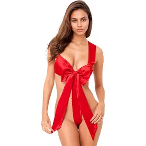 Womens Unwrap Me Ribbon Babydoll Lingerie, Christmas Day Gift New Years Valentines Lingerie Set Red