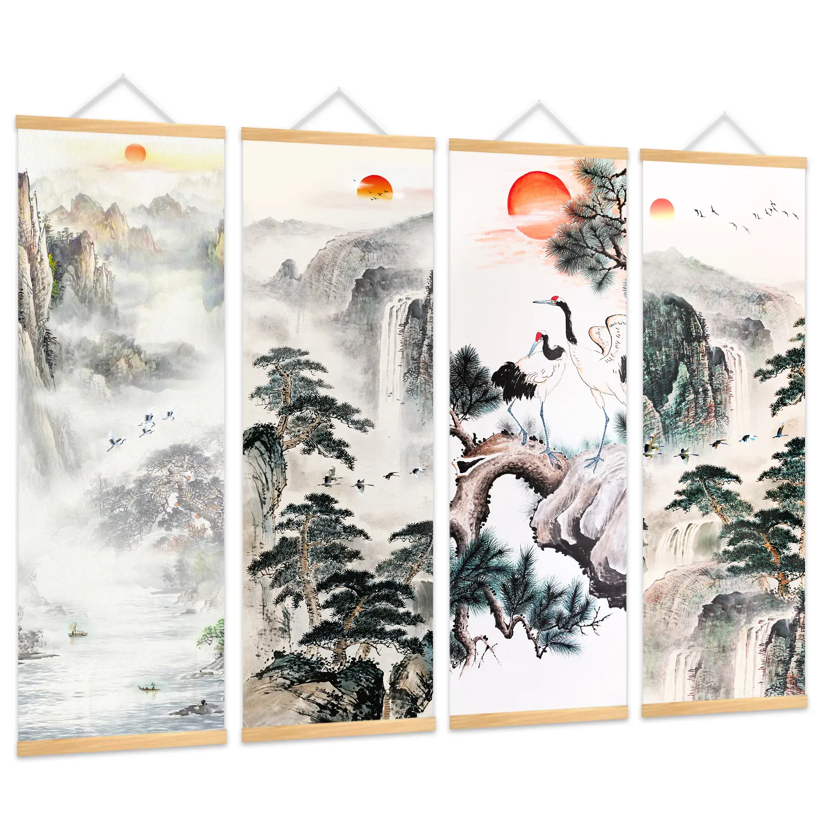 4Pcs Asian Chinese Oriental Scrolls Canvas Wall Art, 11.81x35.43in Prints Canvas Wall Art Poster, Artistic Oriental Pictures Hanging for Living Room, Bedroom, Bathroom Wall Decor