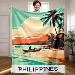 1 piece Sunset scenery of coastal coconut groves in the Philippines themed flannel blanket - Modern design flannel blanket, suitable for sofas and beds, all-season multi-purpose use, super soft and warm, digital printing, 100% polyester material