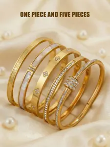 5-Piece High-Quality Stainless Steel Bracelet Set, Embellished with Sparkling Zirconia, Elegant Wearable Jewelry for All Seasons