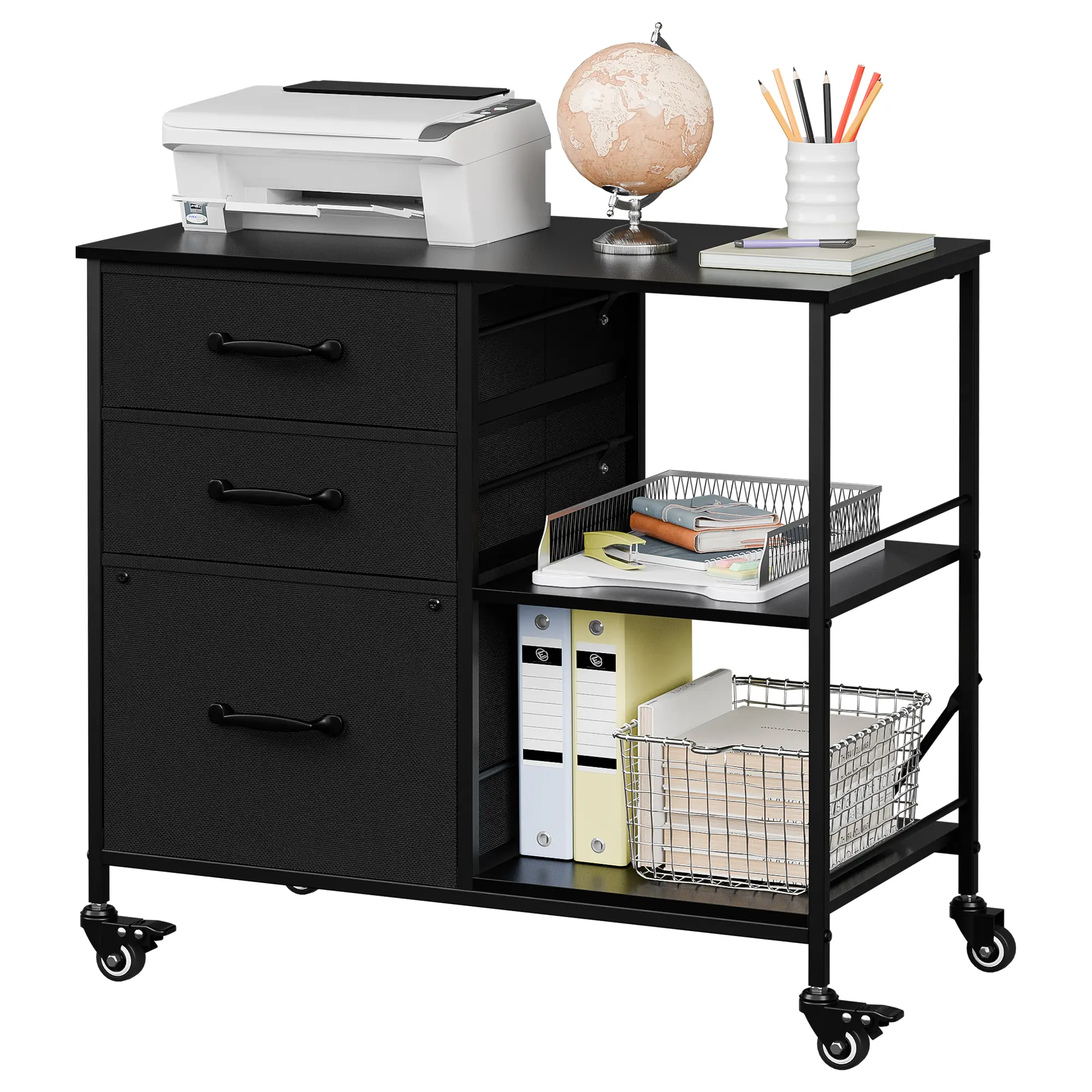 ZENY Mobile File Cabinet, 3 Drawer Fabric Lateral Filing Cabinet fits A4, Letter Size, Printer W/Open Shelf & Lockable Wheels for Home Office, Black, Practical Desktop Stand, Sliding Desktop Drawers, Storage Drawer Platform