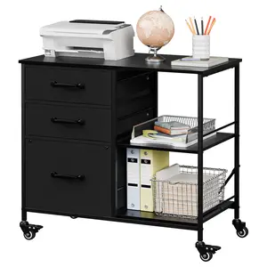 ZENY Mobile File Cabinet, 3 Drawer Fabric Lateral Filing Cabinet fits A4, Letter Size, Printer W/Open Shelf & Lockable Wheels for Home Office, Black, Practical Desktop Stand, Sliding Desktop Drawers, Storage Drawer Platform