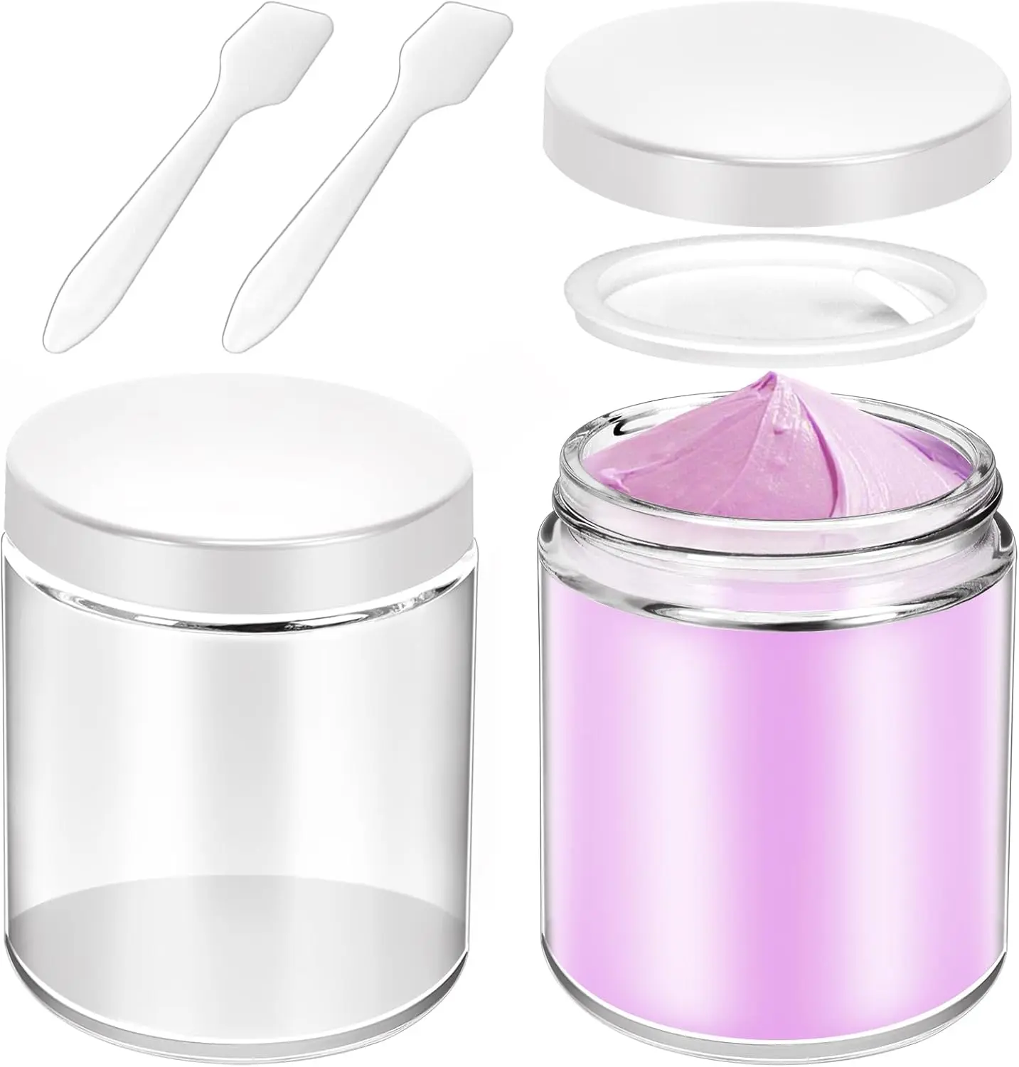 2 Pack 8oz Glass Jars with Lids, Round Glass Jars with Spatulas, Inner Liners and White Lids, Empty  Containers Travel Toiletries Container for Lotion, Cream, Makeup, , Slime