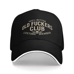 Black 100% Bitter "Old Fuckers Club" Mens Baseball Cap - Graphic Trucker Hat with Winged Skull, Adjustable Velcro, Sandwich Brim. duckbill
