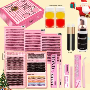 Eyelash Extension Kit, 1 Set Fake Eyelash & Lash Glue & Eyelash Remover & Tweezers & Brushes & Eyelash Shampoo, Professional Cosmetic Eye Makeup Accessories for Women, DIY Lash Cluster