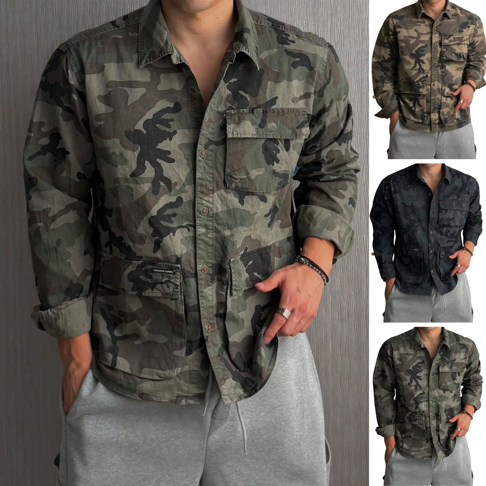 Vintage camouflage workwear long-sleeve shirt for men with multiple patch pockets, notched lapel collar, single-breasted front, drop-shoulder design, streetwear style, open-front cardigan top