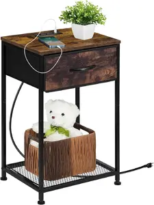 Rustic Brown Industrial Nightstand with Charging Station - Fabric Drawer, Open Shelf - Farmhouse Bedside Table for Small Spaces Bedroom, Living Room Home Decor