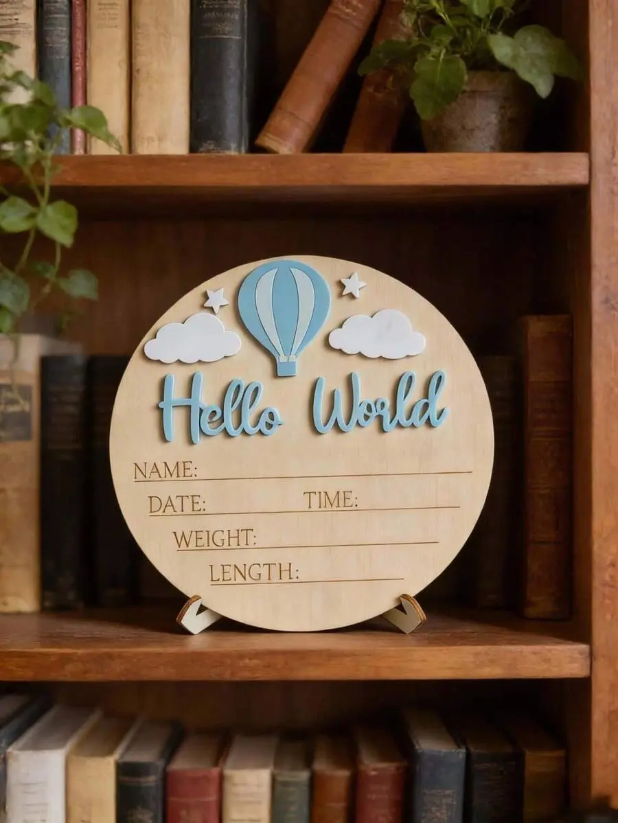 1pc Hello World Baby Birth Announcement Board – Wooden Newborn Photo Prop Plaque, Baby Milestone Marker Sign, Christening & Baby Shower Gift For Boy Or Girl, Nursery Keepsake Decor