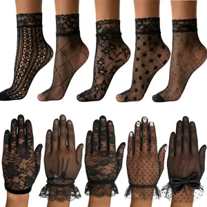 Lace Gloves and Ankle Socks Set for Women, 5 Pairs Sheer Mesh Fishnet Crew Socks & 5 Pairs Floral Tea Party Wedding Gloves, Vintage Elegant Ruffle Dress Socks for Church Garden Party