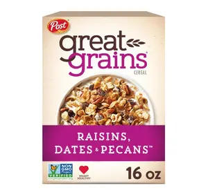 Great Grains Raisins Dates and Pecans Breakfast Cereal, Raisin Cereal with Sweet Dates and Granola Clusters, Non-GMO Project Verified, 16 OZ Box