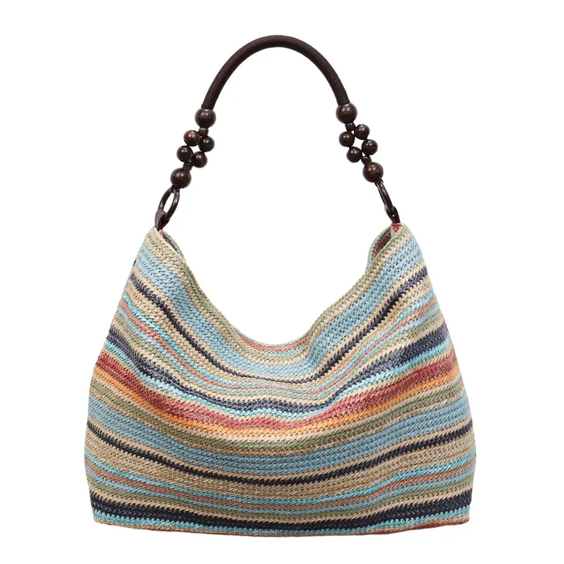 Women's Rainbow Striped Woven Straw Tote Bag - Lightweight Double Handle Turn-Lock Summer Casual Beach Shoulder Bag for Women's Casual Beachwear