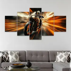 Motorcycle Themed Pattern Canvas Painting, 5 Counts/set Modern Wall Art Painting, Wall Art Decor for Home Living Room Bedroom Office, Ornaments