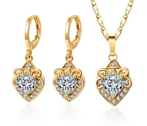 18K Gold Plated Vintage Heart-Shaped Cubic Zirconia Necklace & Earrings Jewelry Set