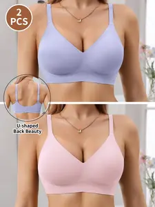 Jelly Bra Sexy Solid Color Smooth Push-Up V-Neck No Underwire Women's Bra, Seamless Lined Adjustable Design Daily Wear, Comfortable Everyday Bra Fit