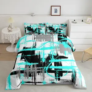 Teal Grey Black Comforter Set,Queen Size Abstract Art Comforter,Modern Striped Art Bedding Set,Breathable Geometric Duvet Set