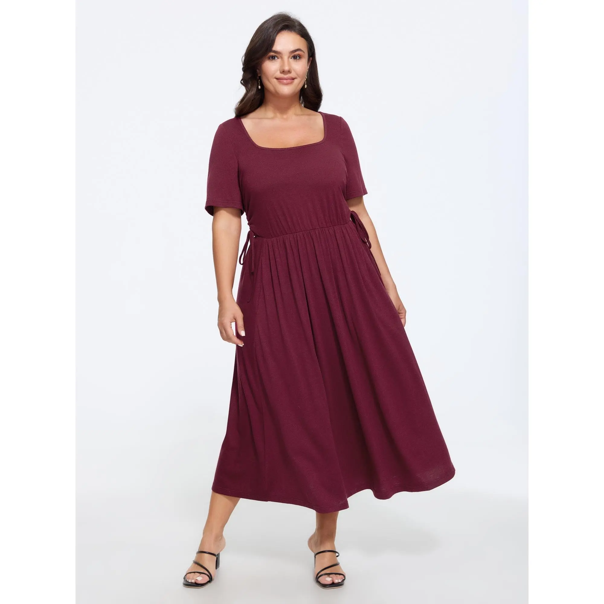 BLOOMCHIC Women's Plus Size Supersoft Spandex Fabric Basic Short-Sleeve Square Neck Side Drawstring Midi Garment Dress [M-6X] 2026 Summer Casual Dress, Pocket, Midi Dress