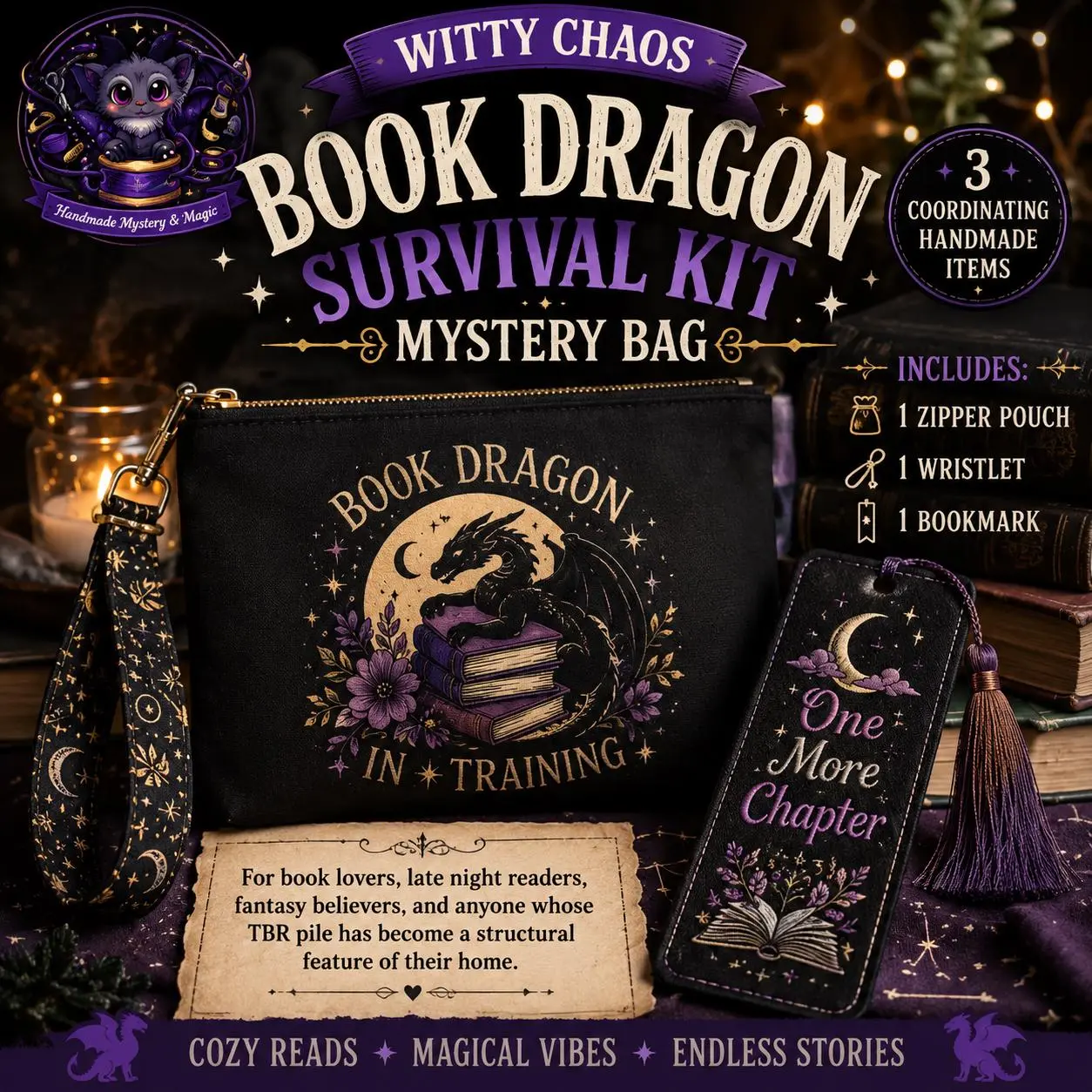Book Dragon Survival Kit | 3 Handmade Cozy Reading Items (Mystery Bag)