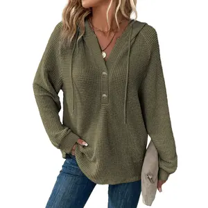 Dokotoo Hoodies for Women Waffle Knit Long Sleeve Drawstring Button V Neck Casual Pullover Sweatshirt Hooded Tops
