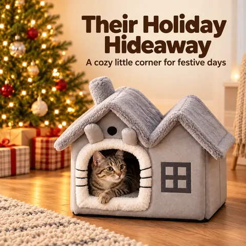 TUFFYUKI Modern Solid Velvet Cat House Indoor - Soft Polyester Foldable Hideaway with Removable Roof, 26d Bounce Foam Cushion - Cozy Covered Sleeping Space for Kittens & Cats (Bedrooms, Living Rooms)