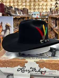 Larry Mahan's 10X Jerarca Negro Black Western Hat Cowboy Style Handmade Adjustable with Colorful Feather & Crystal Accents Made in USA