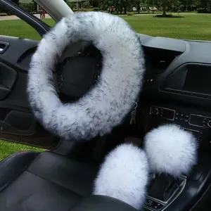 3PCS Fur Car Steering Wheel Cover Set Sheepskin Auto Plush Warm Fluffy Fuzzy Car Steering Wheel Cover Accessories For Women Girl